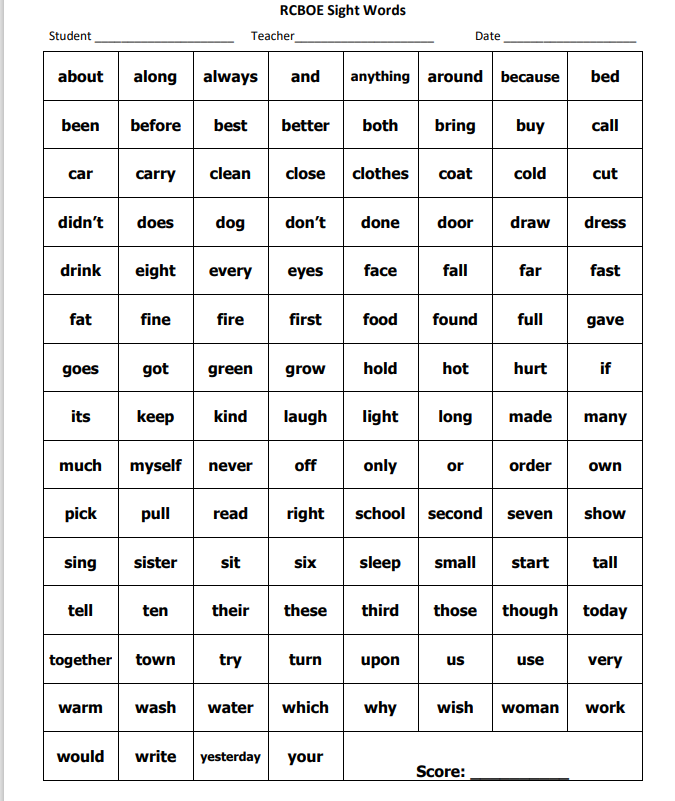 Sight Word List